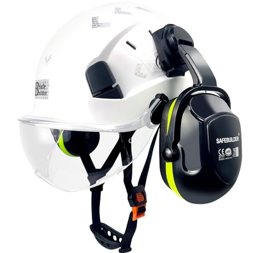 SAFEBUILDER Hard Hat with Visor Ear Muffs Safety Helmet Lightweight Adjustable Vented Work Helmet 6-Point Suspension ANSI Z89.1 Approved Construction Head Protection (White+Clear Visor+B&G 07E) - Image 1