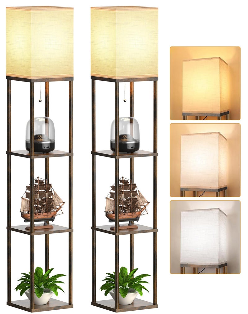 PARTPHONER Floor Lamp with Shelves for Living Room 2 Pack, Shelf Floor Lamp with 3 CCT LED Bulb, Corner Display Standing Column Lamp Etagere Organizer Tower Nightstand for Bedroom, Rustic Brown - Image 1