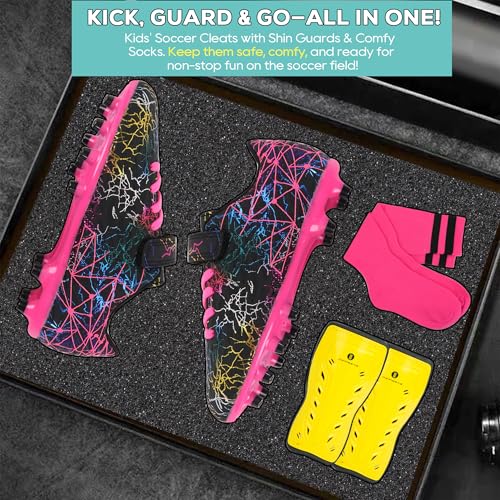 brooman Kids Firm Ground Soccer Cleats Girls Football Cleats with Shin Guards and Soccer Socks (1,Black Fuchsia) - Image 5