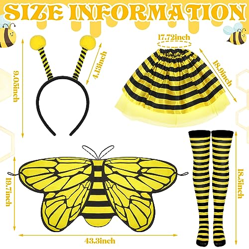 Newcotte 4 Pcs Halloween Girls Costume Includes Wings Tutu Headband Striped Tights for Kids Toddler Halloween (Bee) - Image 3
