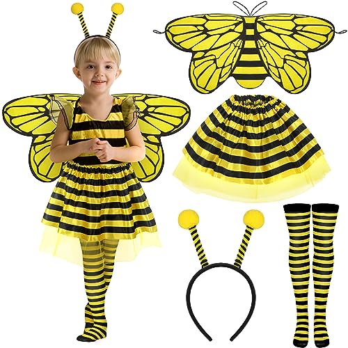 Newcotte 4 Pcs Halloween Girls Costume Includes Wings Tutu Headband Striped Tights for Kids Toddler Halloween (Bee) - Image 1