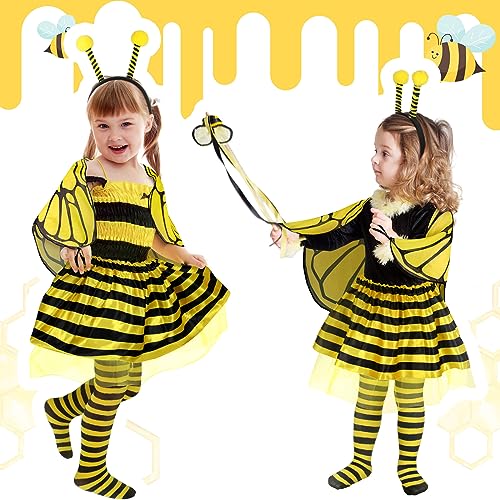 Newcotte 4 Pcs Halloween Girls Costume Includes Wings Tutu Headband Striped Tights for Kids Toddler Halloween (Bee) - Image 2