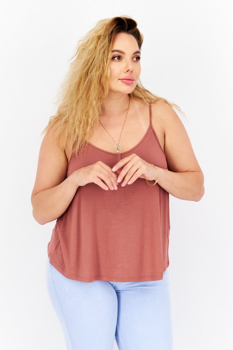 Gentle Fawn Women Henley Neck Sleeveless Solid Tank Top, Brown  - Image 1