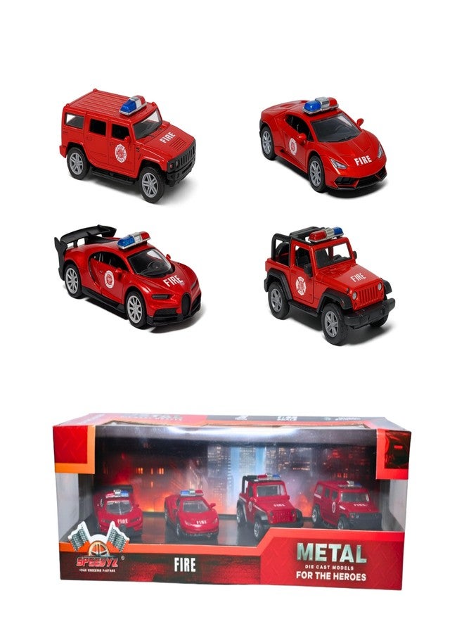 SPEEDYZ Metal Die Cast Fire Emergency Vehicle Toy Set, 4 Piece Collection, Red - Image 1