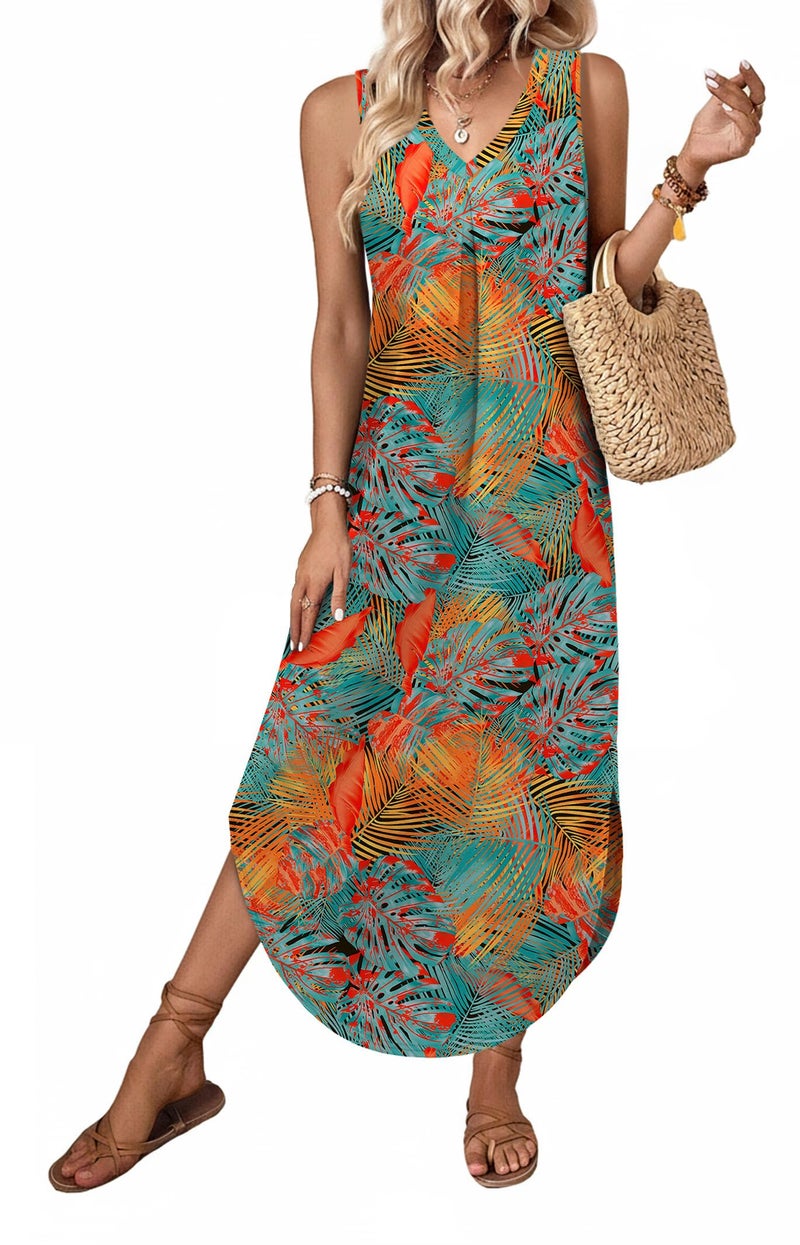 OFEEFAN Maxi Dresses for Women 2026 Beach Vacation Hawaiian Sleeveless Summer Dresses for Women Loose V Neck Boho Sundresses with Pockets Floral 02 L - Image 3