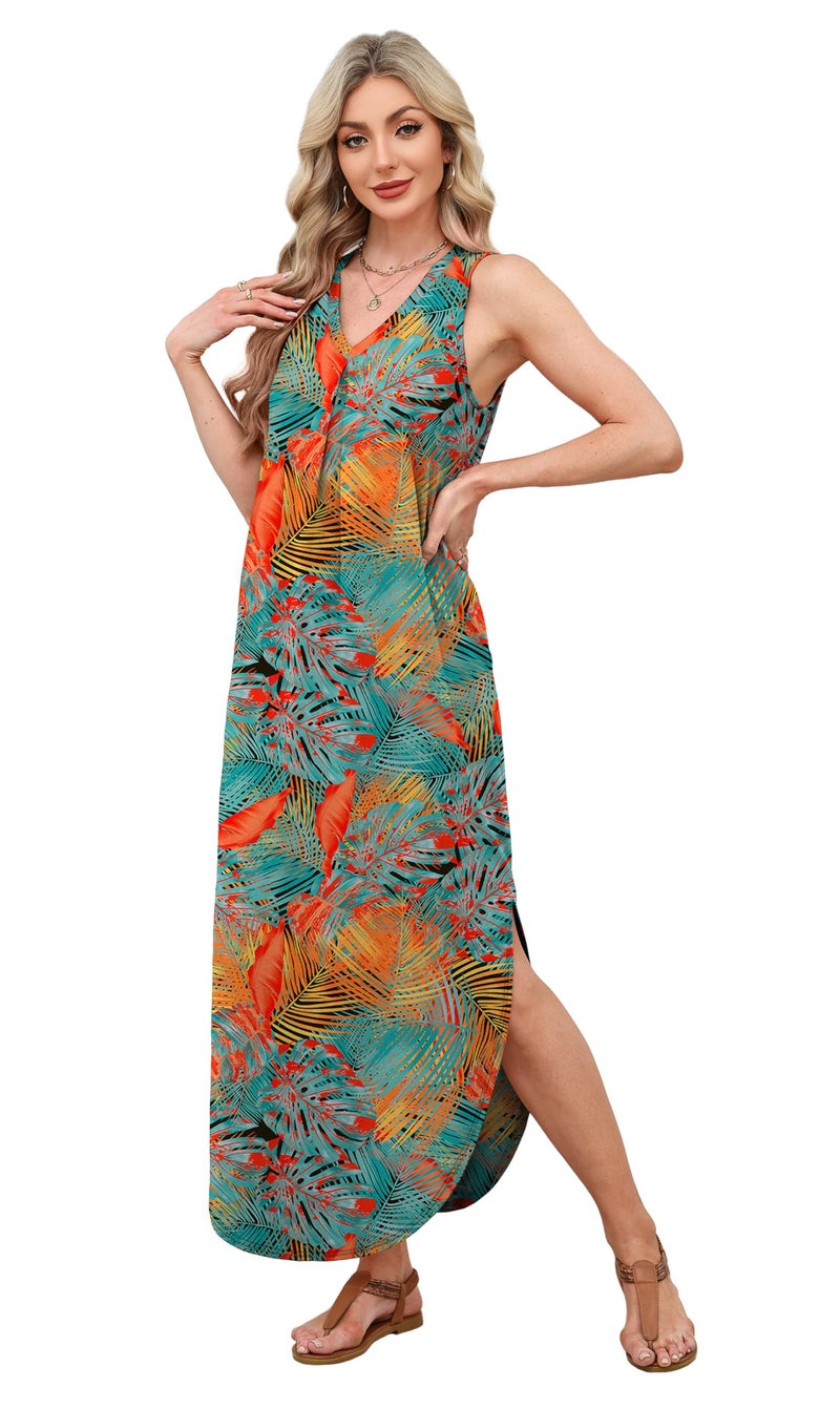 OFEEFAN Maxi Dresses for Women 2026 Beach Vacation Hawaiian Sleeveless Summer Dresses for Women Loose V Neck Boho Sundresses with Pockets Floral 02 L - Image 4