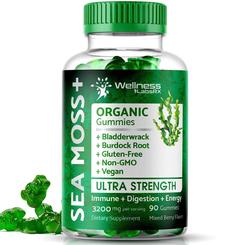 WELLNESS LABSRX Sea Moss Gummies 3200mg Irish Sea Moss Mixed Berry Flavor with Maximum Potency Bladderwrack and Burdock Root Supports Skin Energy and Immunity 90 Count