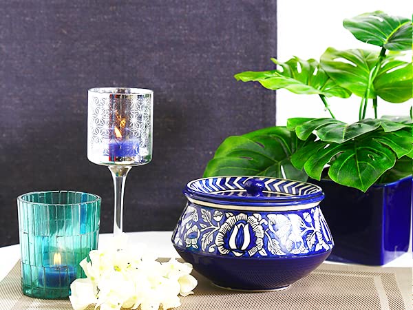Caffeine Ceramic Handmade Blue Mughal Serving Handi with Lid (Set of 1) - Image 2