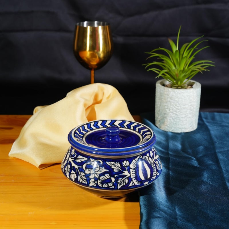 Caffeine Ceramic Handmade Blue Mughal Serving Handi with Lid (Set of 1) - Image 1
