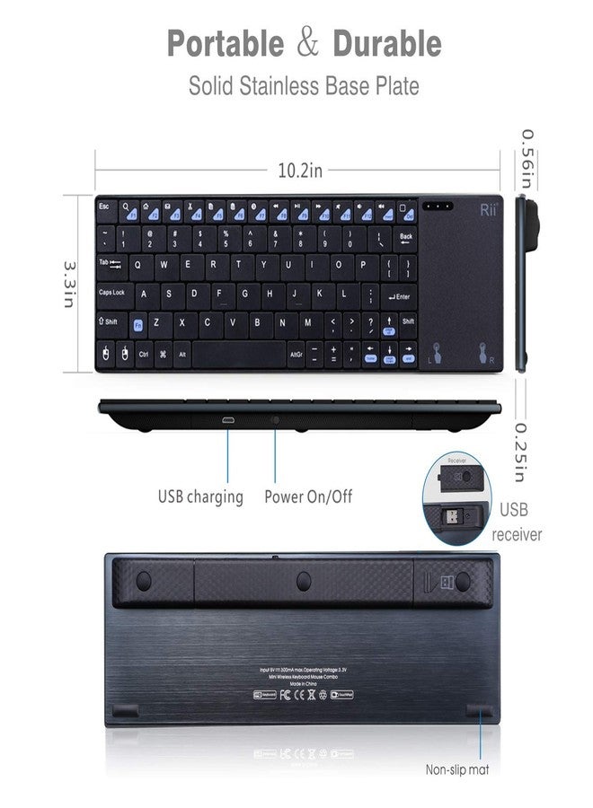 ار اي اي لوحة مفاتيح لاسلكية صغيرة Rii K12+ مع لوحة لمس كبيرة وماوس ولوحة مفاتيح QWERTY، لوحة مفاتيح لاسلكية محمولة من الفولاذ المقاوم للصدأ مع مستقبل USB لأجهزة MacBook/iPad/الأجهزة اللوحية/أجهزة الكمبيوتر الشخصية/أجهزة الكمبيوتر المحمولة/أجهزة التلفزيون الذكية/Raspberry Pi - أسود - Image 3