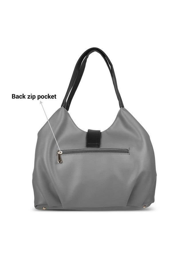 Mochi Women Grey Faux Leather Hobo Bag with Contrast Handles (66-8375) - Image 4