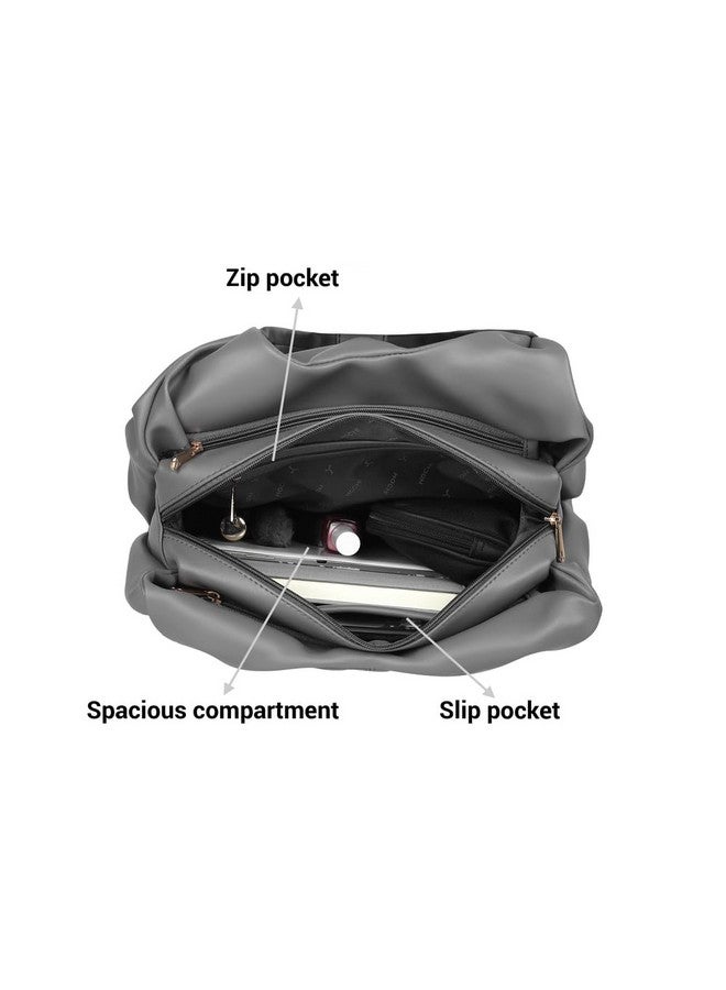 Mochi Women Grey Faux Leather Hobo Bag with Contrast Handles (66-8375) - Image 5