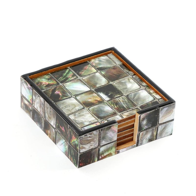 DULI Set of 6 MDF Wood Tea Coasters with Stand (10 * 10 cm) (MOP Checkered) - Image 1