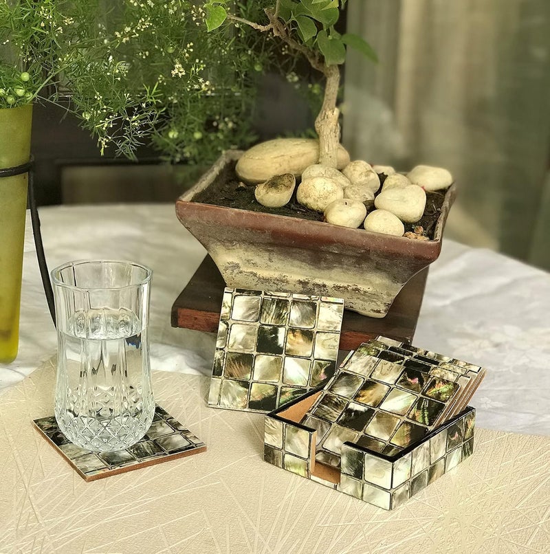 DULI Set of 6 MDF Wood Tea Coasters with Stand (10 * 10 cm) (MOP Checkered) - Image 3