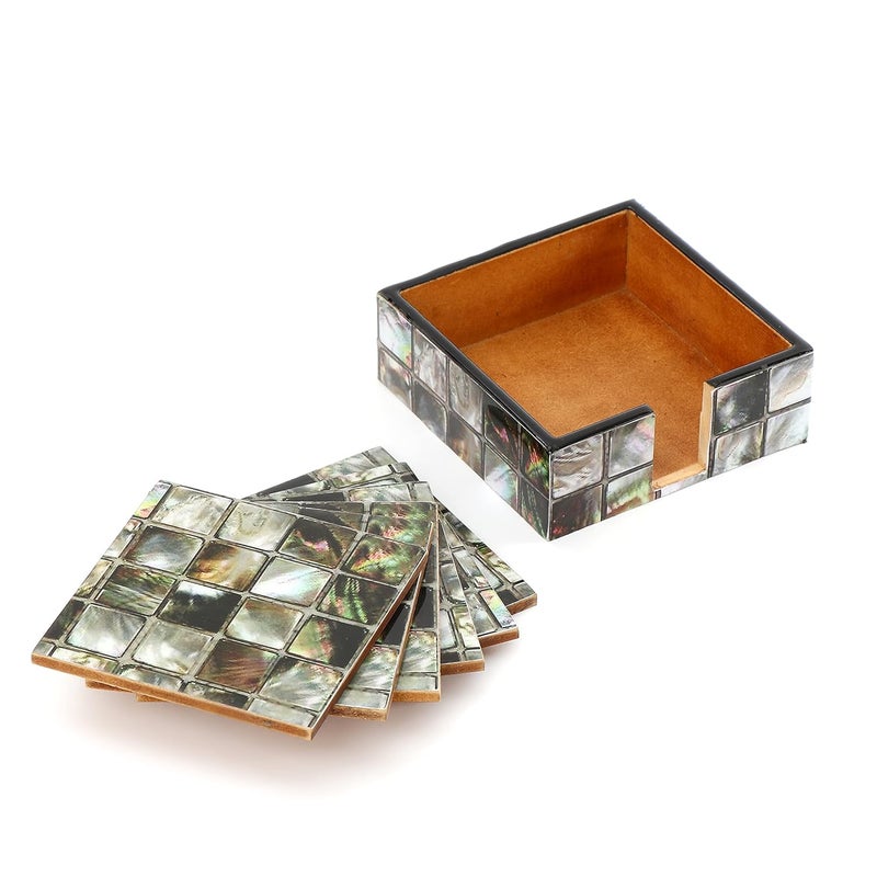 DULI Set of 6 MDF Wood Tea Coasters with Stand (10 * 10 cm) (MOP Checkered) - Image 4