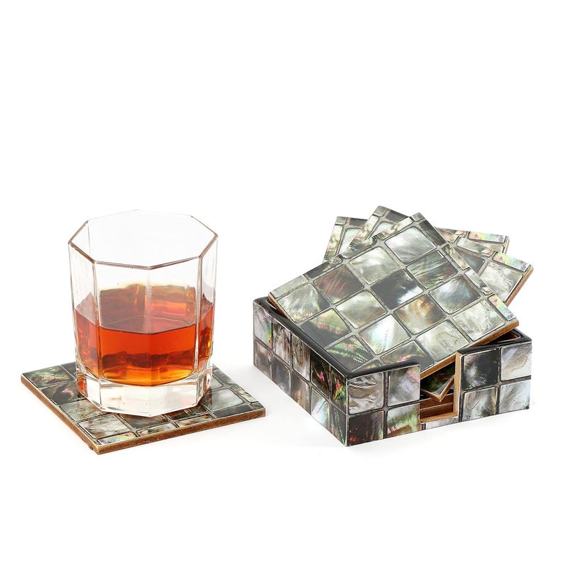 DULI Set of 6 MDF Wood Tea Coasters with Stand (10 * 10 cm) (MOP Checkered) - Image 5