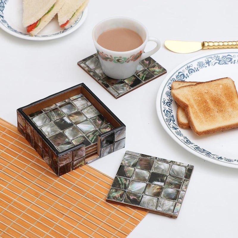 DULI Set of 6 MDF Wood Tea Coasters with Stand (10 * 10 cm) (MOP Checkered) - Image 2