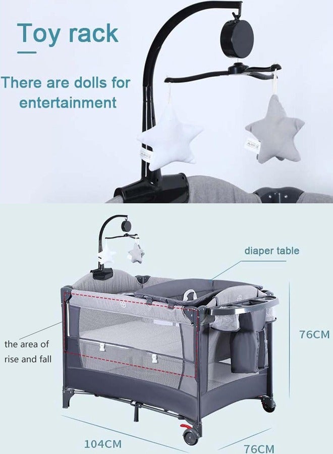 عام سرير أطفال، ساحة لعب محمولة، مركز حضانة فاخر قابل للطي، سرير متحرك متعدد الوظائف مع طاولة حفاضات قابلة للإزالة، ألعاب جميلة، شبكة سرير، سرير سفر محمول بعجلات (قابل للرفع) - Image 2
