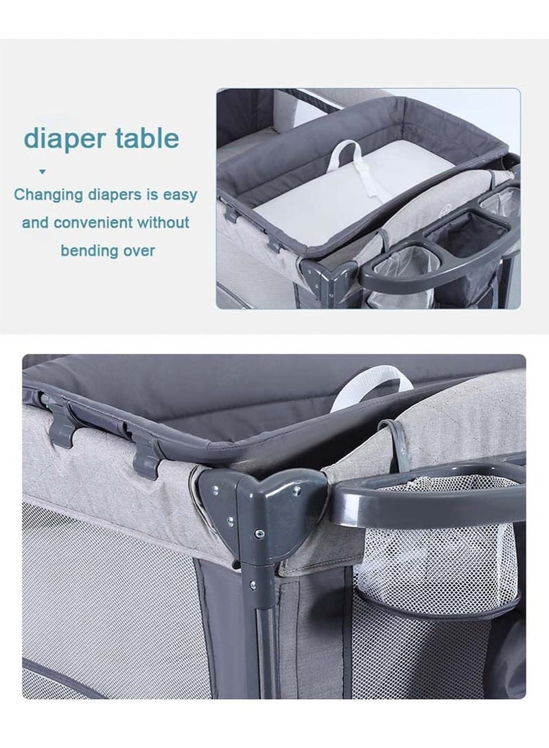 عام سرير أطفال، ساحة لعب محمولة، مركز حضانة فاخر قابل للطي، سرير متحرك متعدد الوظائف مع طاولة حفاضات قابلة للإزالة، ألعاب جميلة، شبكة سرير، سرير سفر محمول بعجلات (قابل للرفع) - Image 5