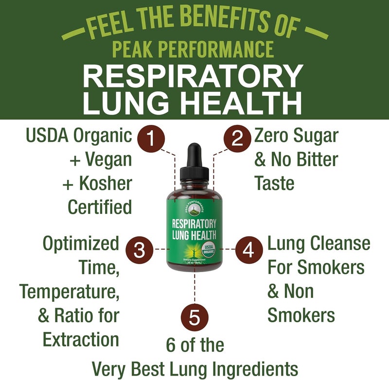 Peak Performance USDA Organic Lung Detox For Smokers And Non Smokers with 6 Top Ingredients Mullein Leaf Marshmallow Root Calendula Lungs Cleanse For Better Respiratory Health Liquid Drops Tincture Supplement - Image 2