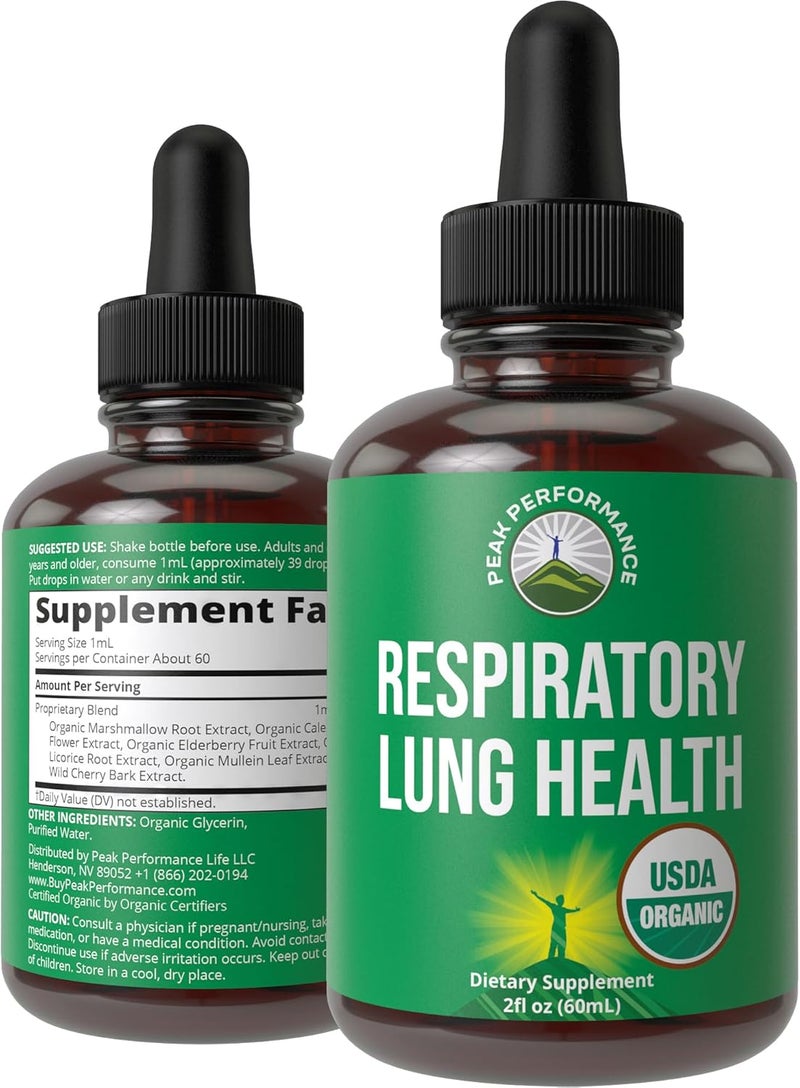 Peak Performance USDA Organic Lung Detox For Smokers And Non Smokers with 6 Top Ingredients Mullein Leaf Marshmallow Root Calendula Lungs Cleanse For Better Respiratory Health Liquid Drops Tincture Supplement - Image 1