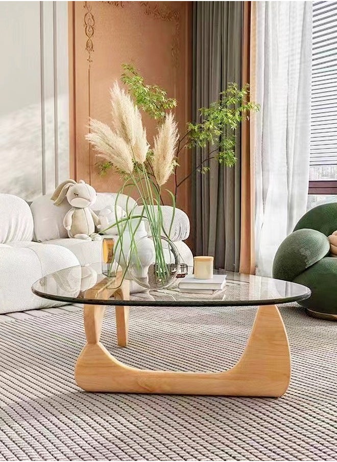 Raffine - Mid-Century Abstract Design Modern Coffee Table with Solid Wood Frame Small Triangular Side Table with Clear Glass Top Vintage Center Table for Living Room Patio Balcony 91x65x40 cm - Image 1