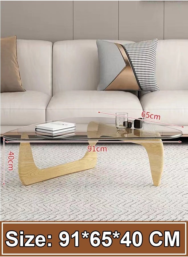Raffine - Mid-Century Abstract Design Modern Coffee Table with Solid Wood Frame Small Triangular Side Table with Clear Glass Top Vintage Center Table for Living Room Patio Balcony 91x65x40 cm - Image 1