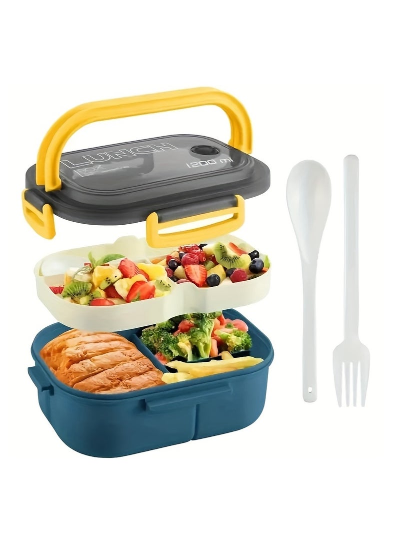1200ml 2-Layers Sealed Lunch Box Fruits Student Office Worker Microwavable Bento Box with Fork Spoon (Without Chopsticks)  - Image 1