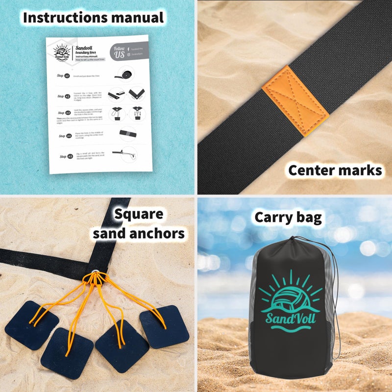 SandVoll Beach Volleyball Lines for Sand - Portable 2 inch Boundary Lines Set for Outdoor + Sand Anchors and Net Bag. Official Court Size Dimensions (26.3' x 52.6') - Image 2
