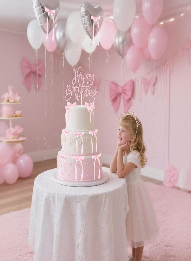 Tyotrbs 22pcs Pink Bow Cake Topper, Pink Bows For Cake with Rose Gold Happy Birthday Headband for Vintage, Ribbon, Coquette Themed Party - Image 5