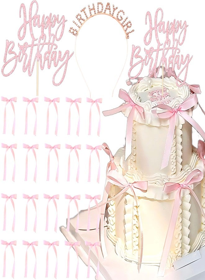 Tyotrbs 22pcs Pink Bow Cake Topper, Pink Bows For Cake with Rose Gold Happy Birthday Headband for Vintage, Ribbon, Coquette Themed Party - Image 1