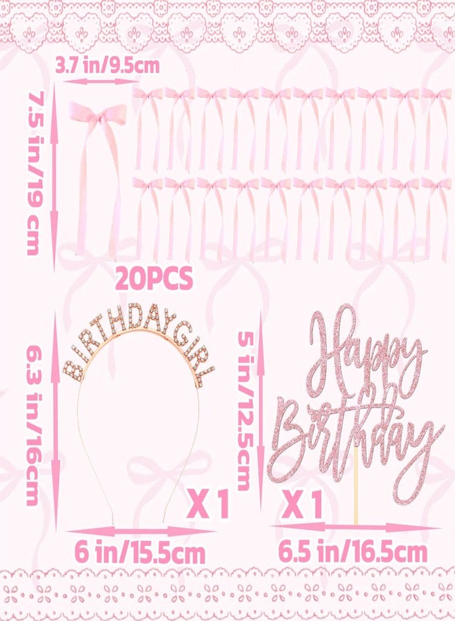 Tyotrbs 22pcs Pink Bow Cake Topper, Pink Bows For Cake with Rose Gold Happy Birthday Headband for Vintage, Ribbon, Coquette Themed Party - Image 3