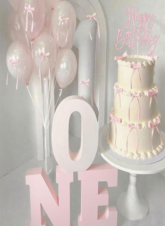 Tyotrbs 22pcs Pink Bow Cake Topper, Pink Bows For Cake with Rose Gold Happy Birthday Headband for Vintage, Ribbon, Coquette Themed Party - Image 2