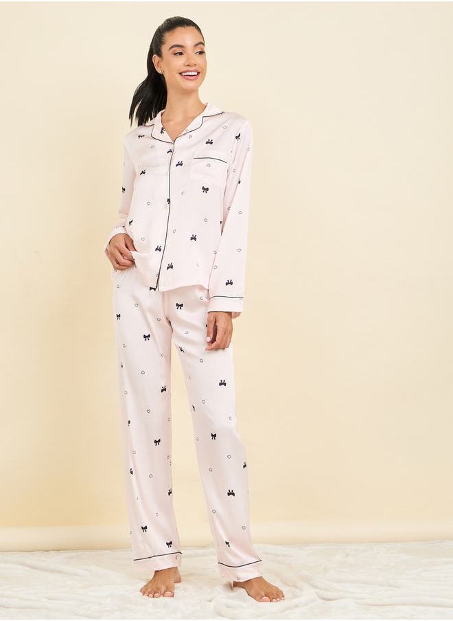 All Over Bow Spot Print Satin Piped Shirt & Pyjama Set - pzsku/Z0851F5CDE0FC55114F2CZ/45/_/1709393044/54f50d4f-95bf-4516-843c-3e723620ec53