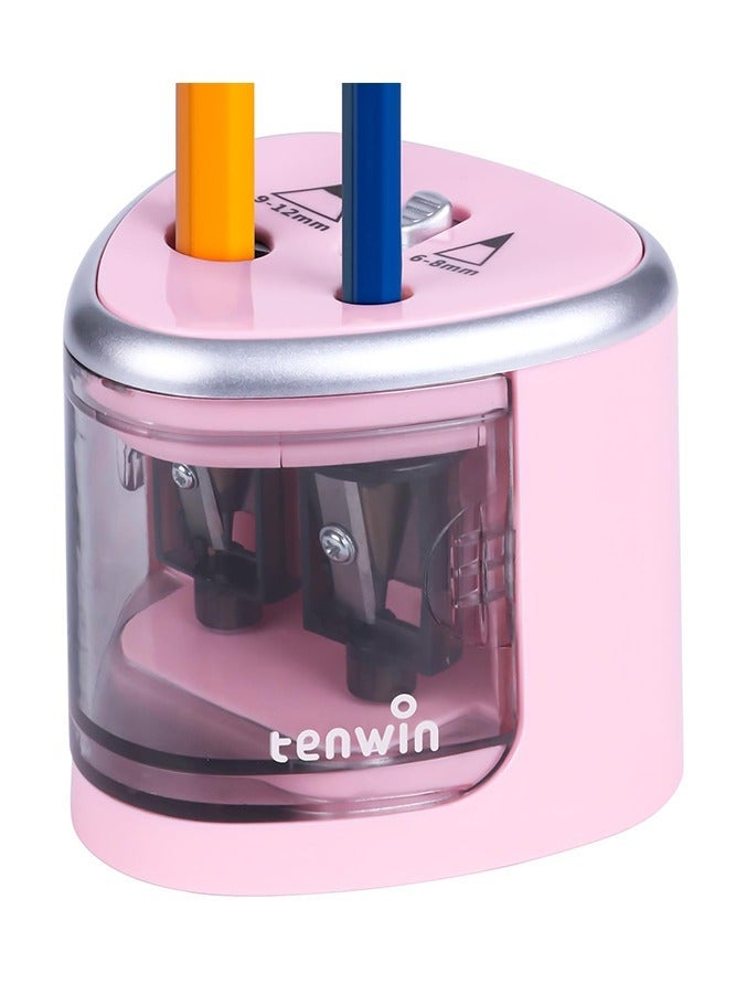 tenwin Double Hole Electric Pencil Sharpener, Multi-Functional Automatic Pencil Sharpeners Battery Operated with 2 Holes (6-8mm, 9-12mm) for School/Office/Home, Pink - Image 1