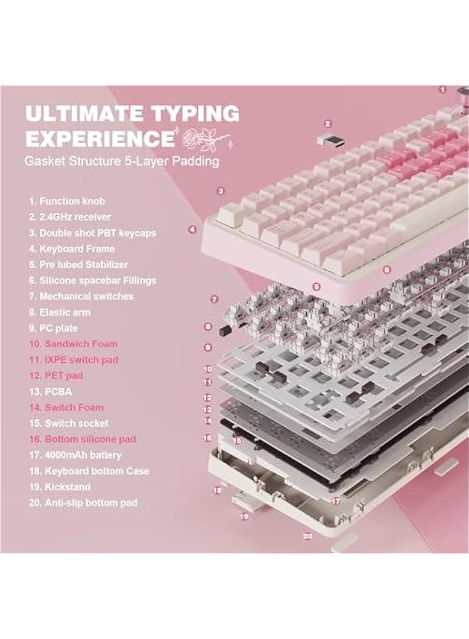 B75 PRO Wireless Mechanical Keyboard,75% Layout with Knob,Hot Swap Gasket Custom Structure,Creamy Pre-lubed Switches,RGB Backlit,Bluetooth/Type-C/2.4G for Win/Mac(Milk Switch,Pink) - Image 4
