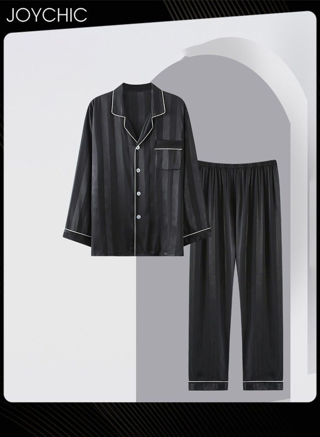 Joychic بيجاما بأزرار صلبة للرجال لفصل الربيع والخريف بأكمام طويلة وسروال بمرونة عالية من حرير الجليد مريحة للشباب قابلة للتنفس ملابس نوم منزلية ملابس استرخاء سوداء - Image 3