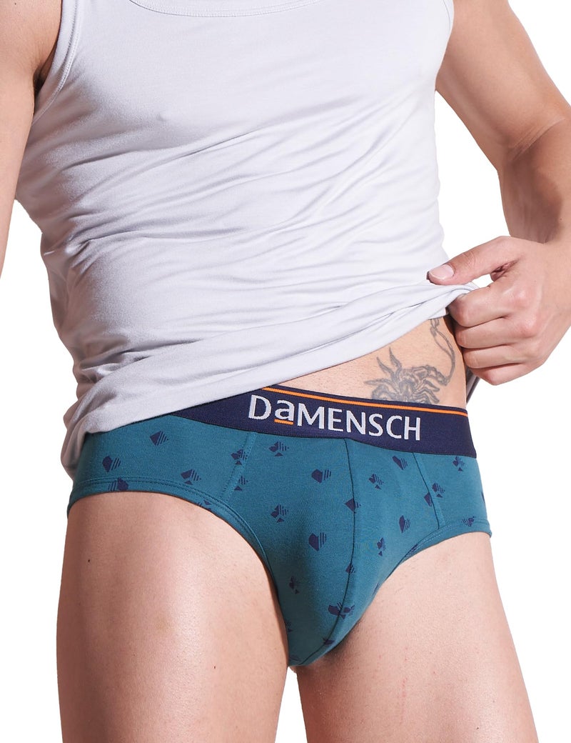 DAMENSCH Deo-Cotton Men's Anti-Bacterial Moisture-Free Cotton Printed Briefs-Check & Mate Teal-Pack of 1-Medium - Image 1