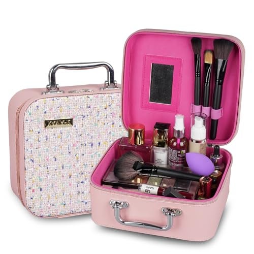 SHAMAX® Cosmetic Organiser Make Up Kit Essential Trousseau Box Vanity Beauty Case Organizer Wedding Makeup Bridals, Vanity Case (Peach-Multi), Dual Zipper & Hd Mirror (Set of 2) Gift for Women - Image 3