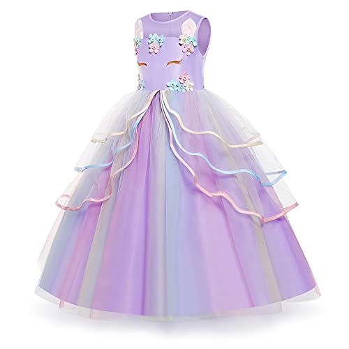 Yipkorra Unicorn Dress for Girls - Unicorn Costume Pageant Princess Party Long Gown with Headband & Necklace (Purple, 110 3-4 Years) - Image 3