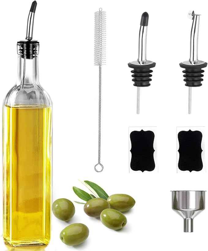 Leaflai Olive Oil Dispenser, 500 ml/17 oz Vinegar and Olive Oil Bottle Dispenser Oil Bottles for Kitchen with 1 Pourers,2 Labels and 1 Funnel, Home Square Tall Glass Oil Container As Gift - Image 1