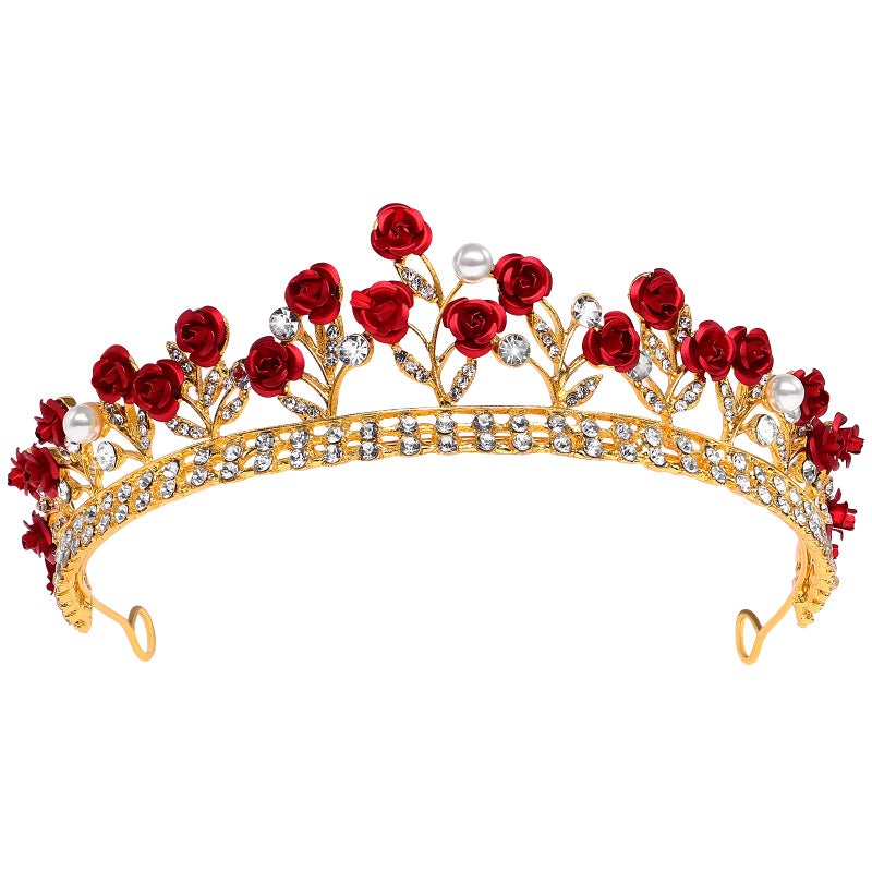 Lurrose Red Rose Bridal Tiara Bride Headdress Alloy Rhinestone Wedding Crown for Prom, Pageant, Birthday, Party, and Halloween - Image 1