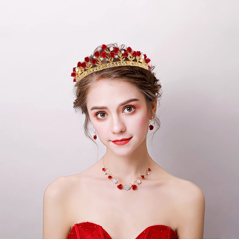 Lurrose Red Rose Bridal Tiara Bride Headdress Alloy Rhinestone Wedding Crown for Prom, Pageant, Birthday, Party, and Halloween - Image 4
