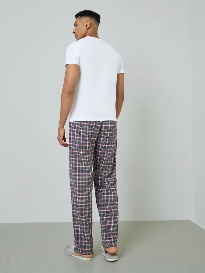 Styli white Styli Men Solid Cotton T-Shirt and Checked Pyjama Set for Men | Best Price UAE