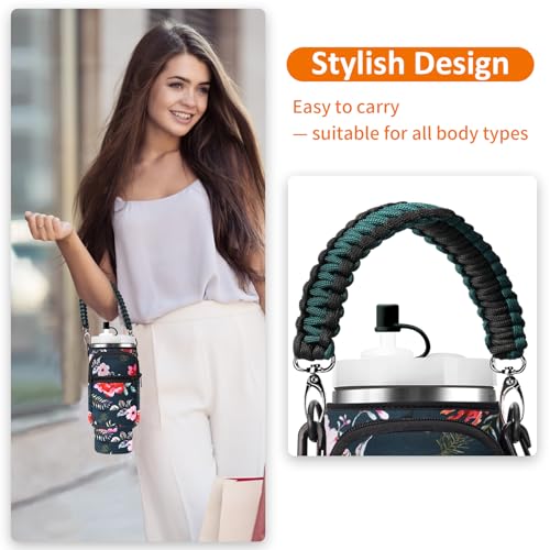 AceTreker Carrier Bag with Phone Pocket for Stanley 3040 oz Tumbler with Handle Water Bottle Sling Holder for Stanley Cup Accessories with Adjustable Shoulder Straw CapWild Rose - Image 3
