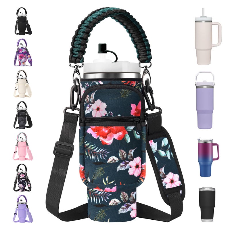 AceTreker Carrier Bag with Phone Pocket for Stanley 3040 oz Tumbler with Handle Water Bottle Sling Holder for Stanley Cup Accessories with Adjustable Shoulder Straw CapWild Rose - Image 2