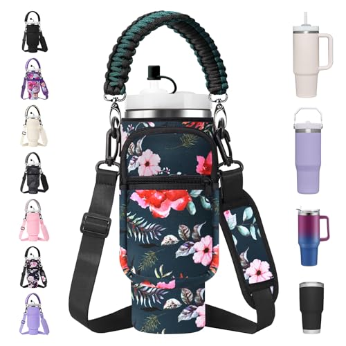AceTreker Carrier Bag with Phone Pocket for Stanley 3040 oz Tumbler with Handle Water Bottle Sling Holder for Stanley Cup Accessories with Adjustable Shoulder Straw CapWild Rose - Image 1