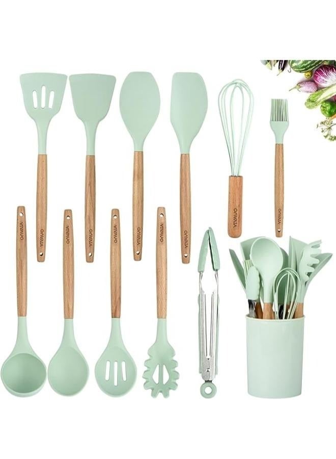 إلترازون 12-Piece Silicone Kitchen Utensil Set with Wooden Handles & Holder – Non-Stick Cooking Tools Including Spatula, Spoon, Turner, Tongs & More | Heat-Resistant, BPA-Free | Mint Green - Image 1
