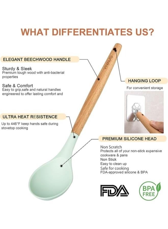 إلترازون 12-Piece Silicone Kitchen Utensil Set with Wooden Handles & Holder – Non-Stick Cooking Tools Including Spatula, Spoon, Turner, Tongs & More | Heat-Resistant, BPA-Free | Mint Green - Image 2