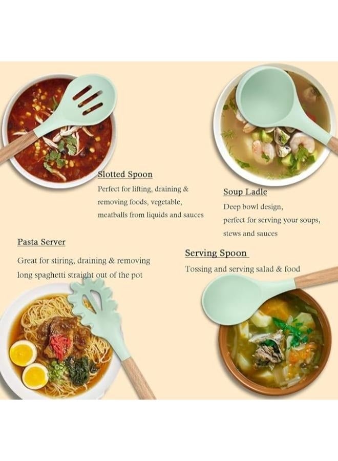 إلترازون 12-Piece Silicone Kitchen Utensil Set with Wooden Handles & Holder – Non-Stick Cooking Tools Including Spatula, Spoon, Turner, Tongs & More | Heat-Resistant, BPA-Free | Mint Green - Image 4